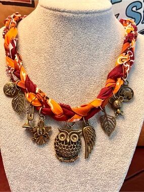 Braided Orange & Burgundy Fall Charm Necklace Gold Owl Pendant